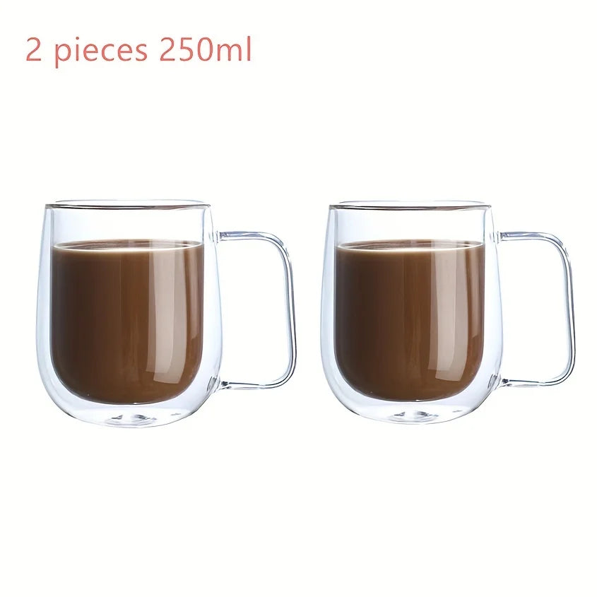 2pcs Double Wall Glass Coffee Cups | Transparent Espresso Mugs with Handles