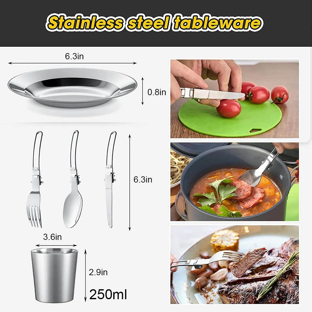Camping Cookware Mess Kit – 2–3 Person Lightweight Cook Set with Kettle & Storage Bag