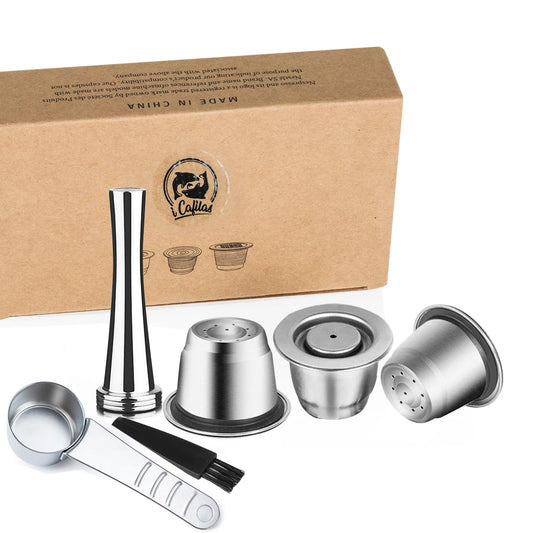 iCafilas Reusable Coffee Capsule Kit | Stainless Steel Pod with Tamper, Scoop & Brush