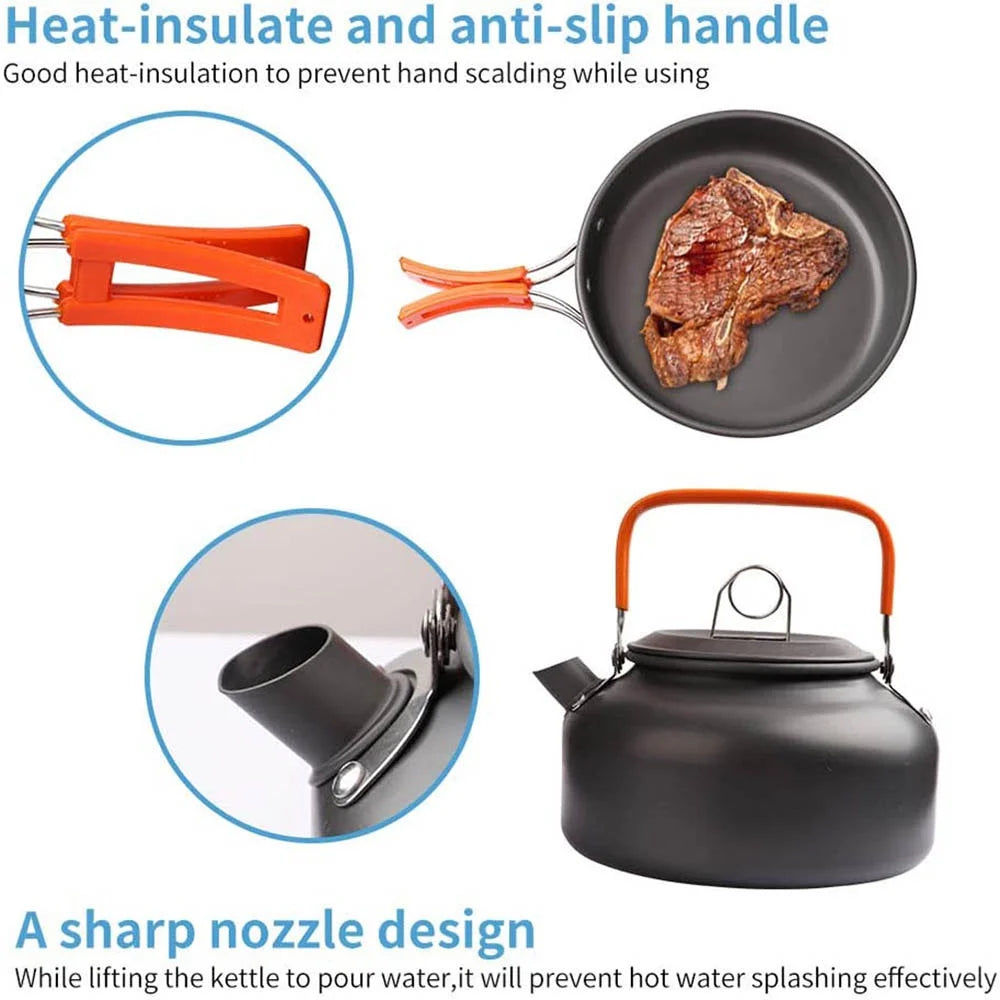 Camping Cookware Mess Kit – 2–3 Person Lightweight Cook Set with Kettle & Storage Bag