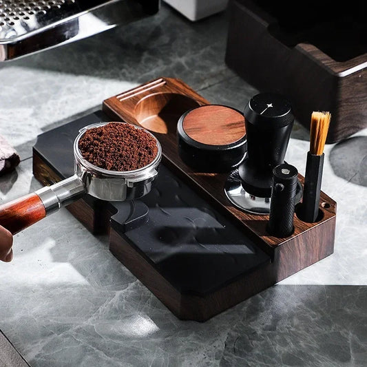 Espresso Tamper Station Stand | Portafilter Organizer with Wood Grain Base