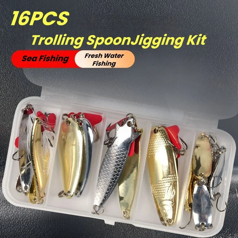 16-Piece Fishing Spoon Lure Kit | Spinning Metal Lures for Bass, Pike & Trout