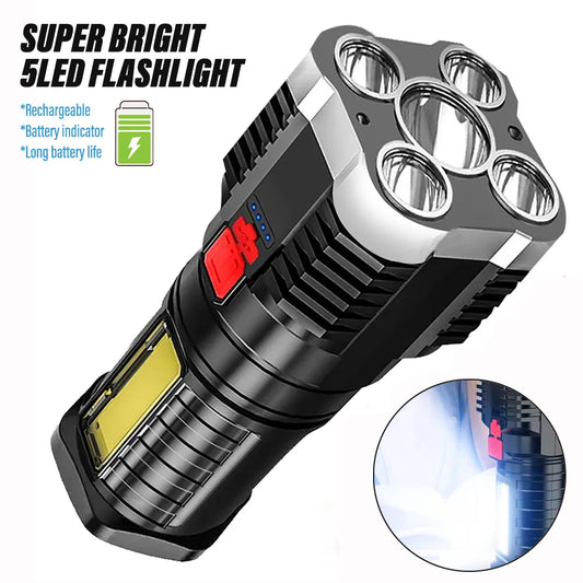 RxZoA 5-LED Rechargeable Camping Flashlight – 1000 Lumen with Side Light & 3 Modes
