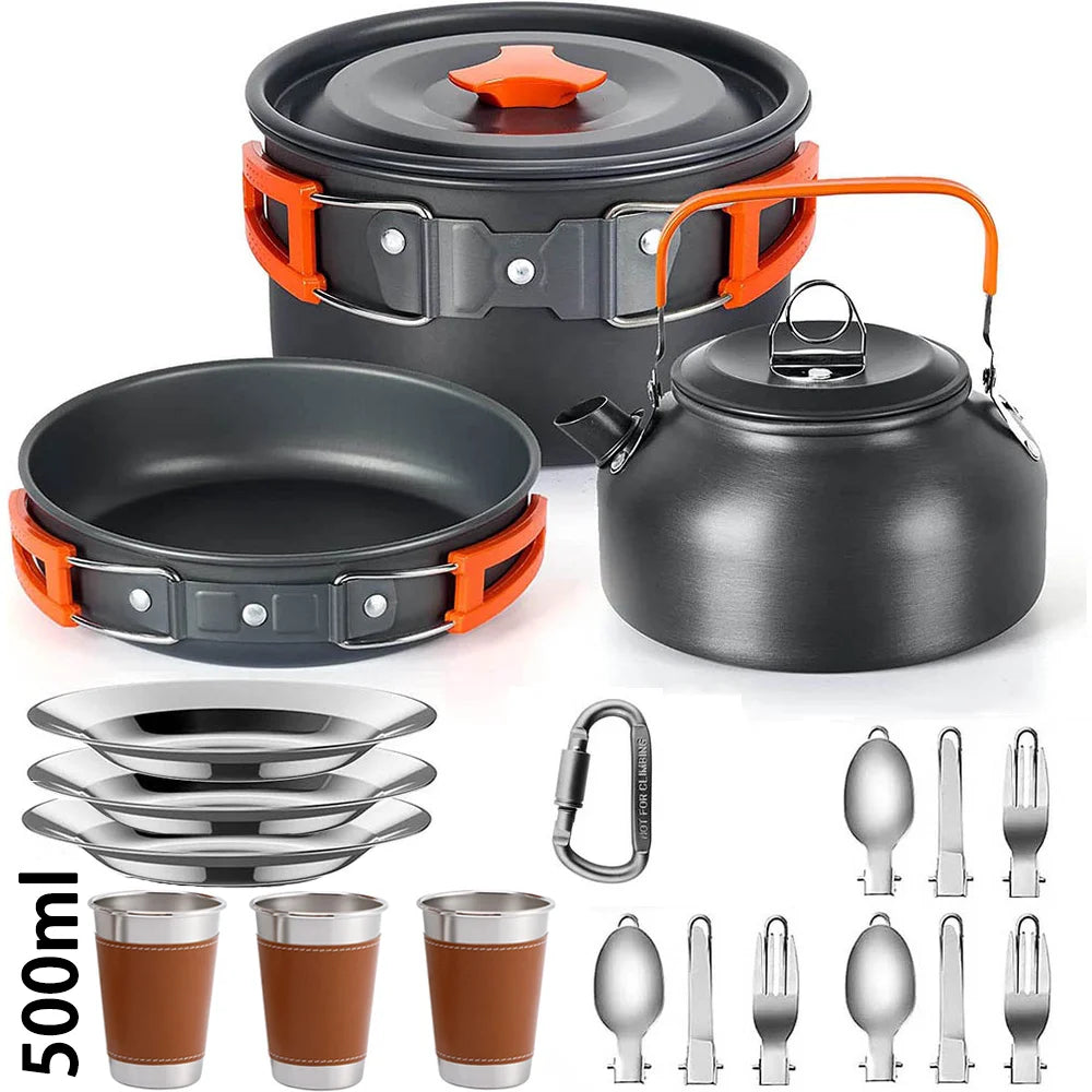 Camping Cookware Mess Kit – 2–3 Person Lightweight Cook Set with Kettle & Storage Bag