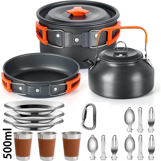 Camping Cookware Mess Kit – 2–3 Person Lightweight Cook Set with Kettle & Storage Bag
