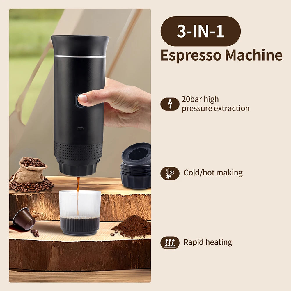 3-in-1 Portable Coffee Maker – Wireless Espresso Machine for Car, Home & Camping